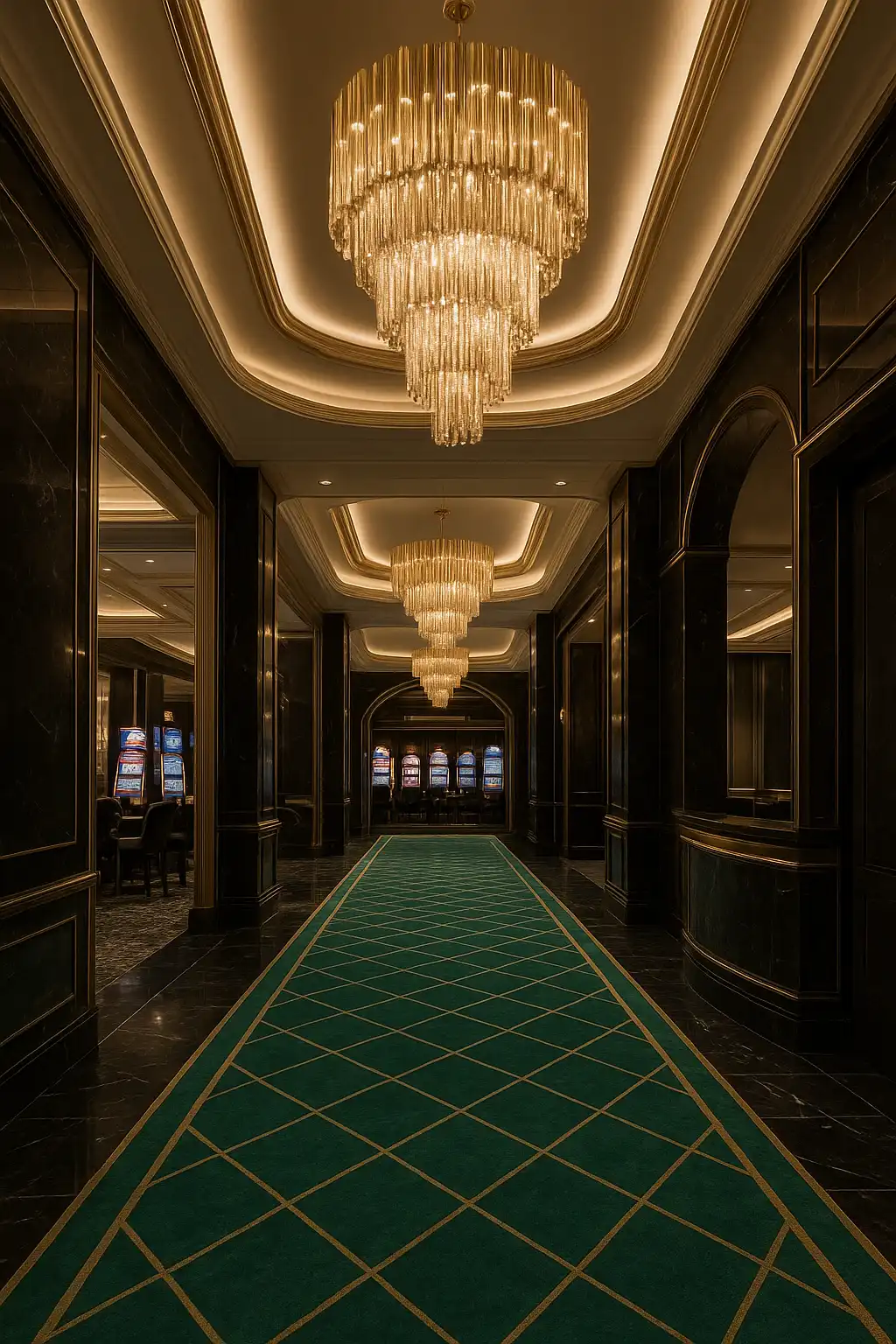 Elegant casino lobby interior in emerald and gold tones