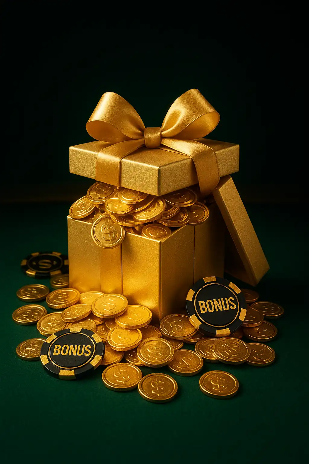 Stack of bonus coins and a gift box on a casino table