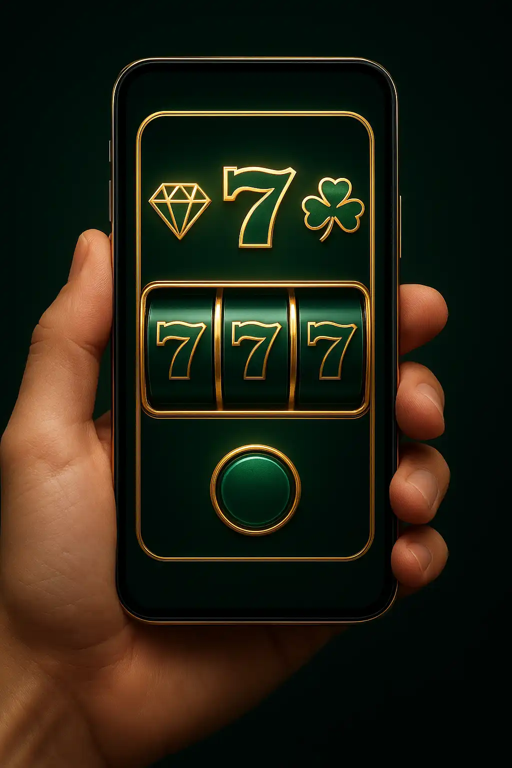 Hand holding a smartphone showing a casino slot game interface